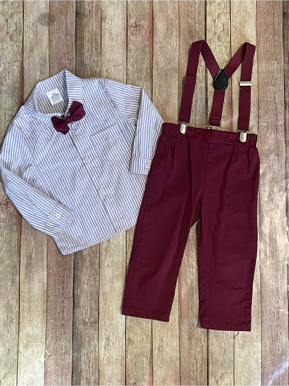 Kids Burgundy Suspenders & Bow Tie Set with Striped Shirt